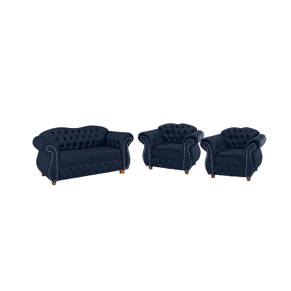 Conjunto 1 Namoradeira + 2 Poltronas Chesterfield Merlô Suede Azul Marinho / Decoração, barbearia, sala, recepção