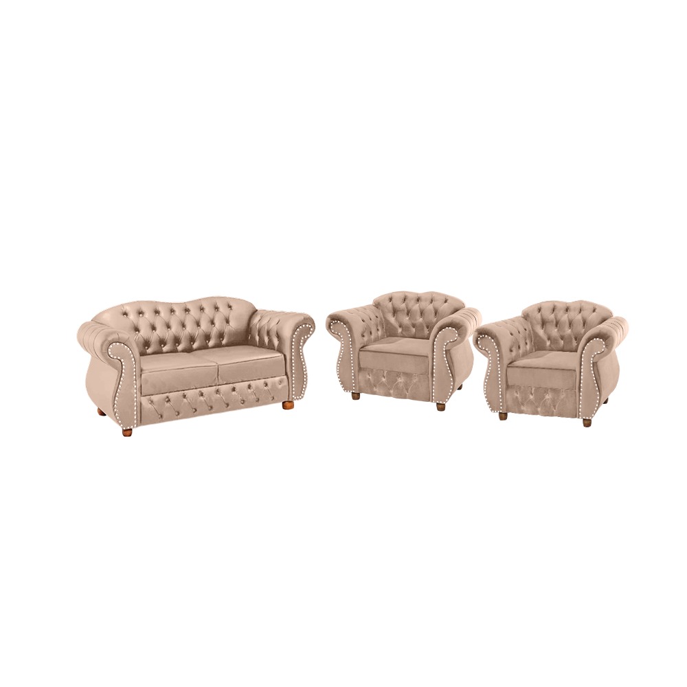 Conjunto 1 Namoradeira + 2 Poltronas Chesterfield Merlô Suede Bege / Decoração, barbearia, sala, recepção