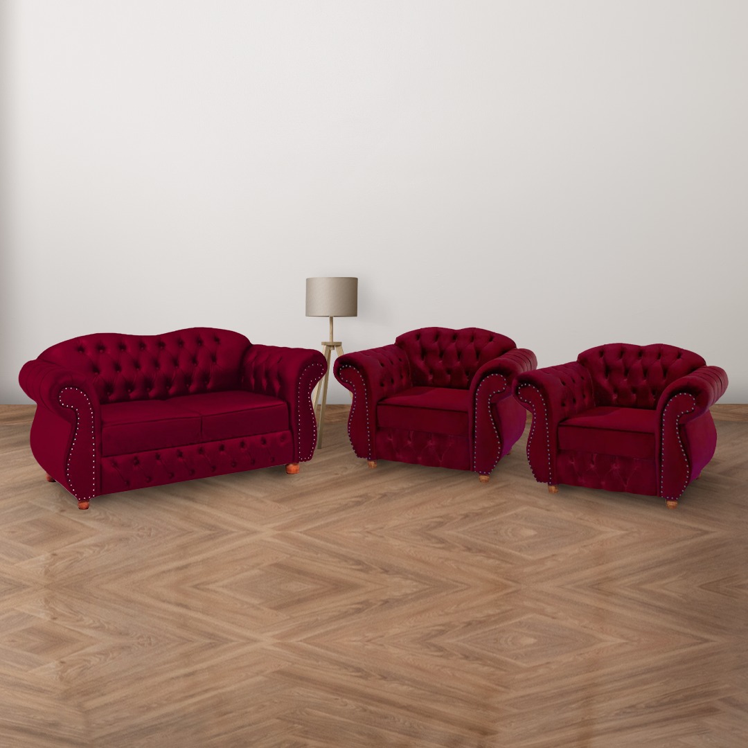 Conjunto 1 Namoradeira + 2 Poltronas Chesterfield Merlô Suede Bordô / Decoração, barbearia, sala, recepção