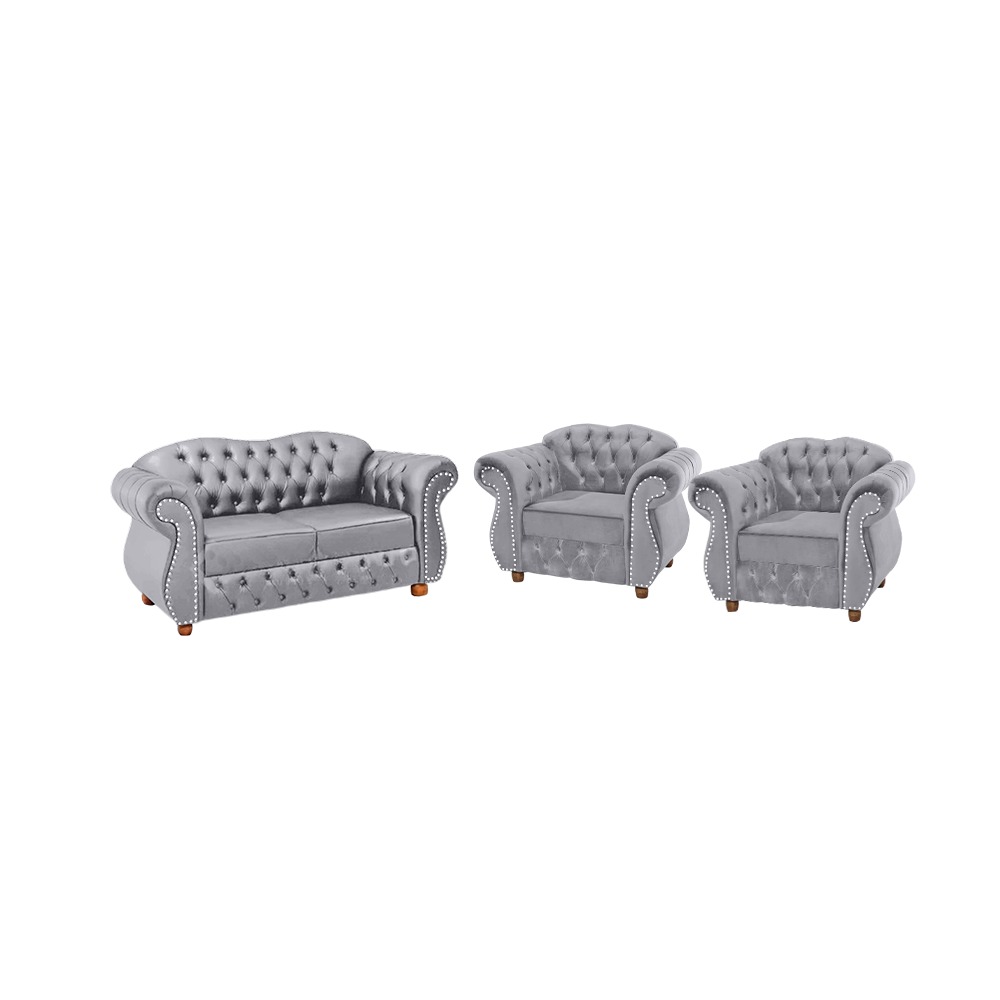 Conjunto 1 Namoradeira + 2 Poltronas Chesterfield Merlô Suede Cinza Prata / Decoração, barbearia, sala, recepção