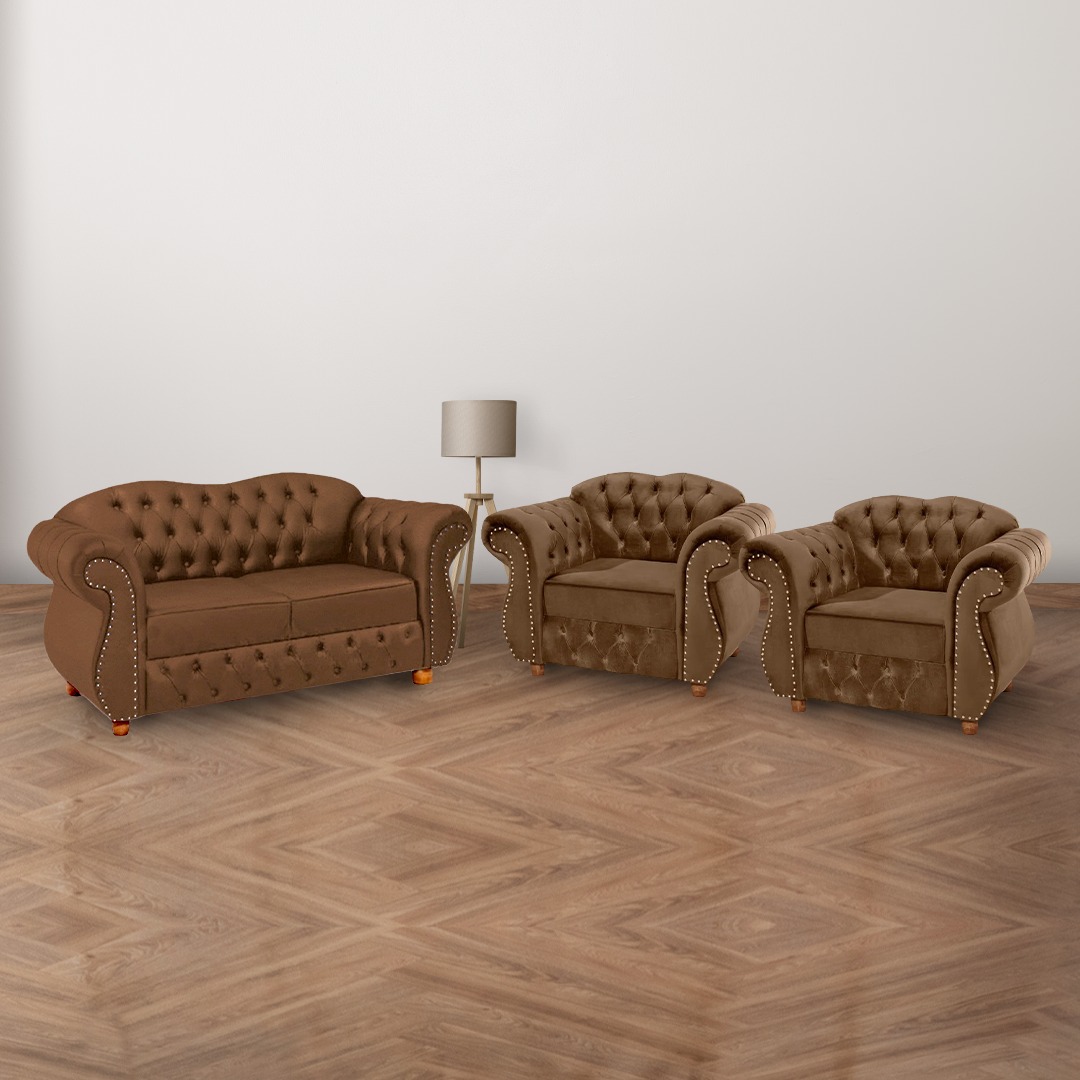 Conjunto 1 Namoradeira + 2 Poltronas Chesterfield Merlô Suede Marrom / Decoração, barbearia, sala, recepção