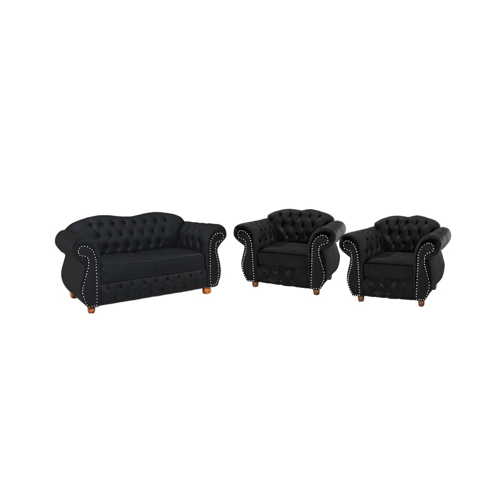 Conjunto 1 Namoradeira + 2 Poltronas Chesterfield Merlô Suede Preto / Decoração, barbearia, sala, recepção