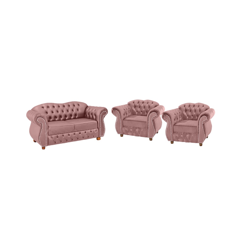 Conjunto 1 Namoradeira + 2 Poltronas Chesterfield Merlô Suede Rosê / Decoração, barbearia, sala, recepção