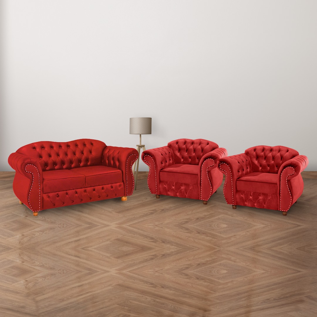 Conjunto 1 Namoradeira + 2 Poltronas Chesterfield Merlô Suede Vermelho / Decoração, barbearia, sala, recepção