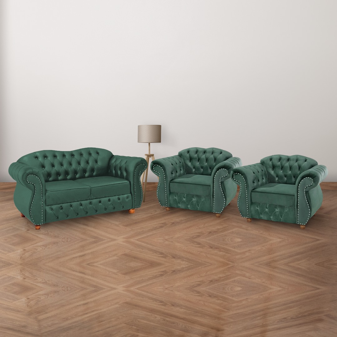 Conjunto 1 Namoradeira + 2 Poltronas Chesterfield Merlô Suede verde Musgo / Decoração, barbearia, sala, recepção