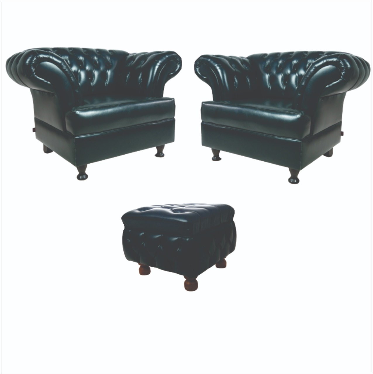 Kit 02 Poltronas Imperador com Puff Banqueta Chesterfield Pé Madeira - Corano Preto