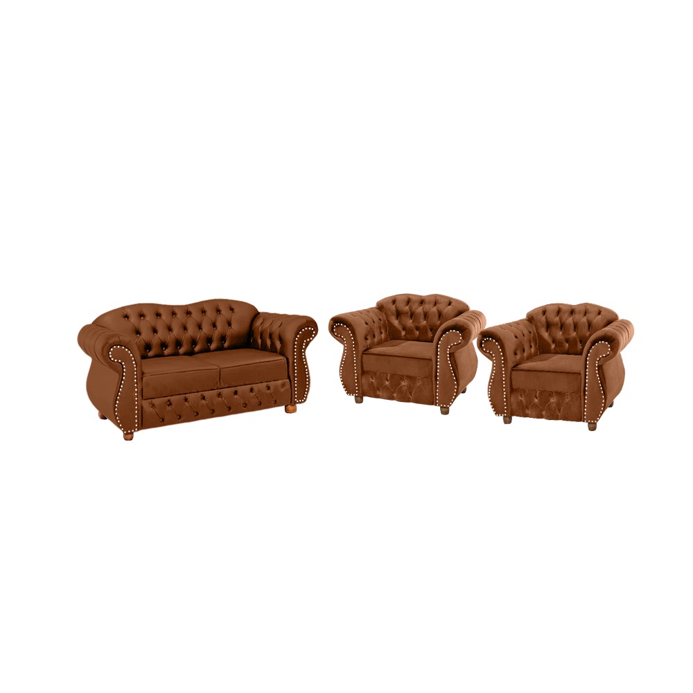 Uma Namoradeira + Duas Poltronas Chesterfield Merlô Suede Terracota / Decoração, barbearia, sala, recepção