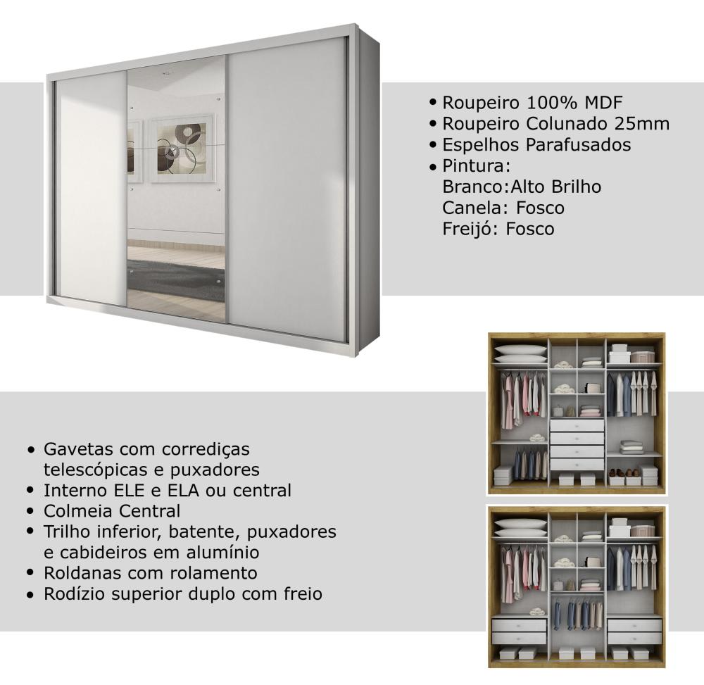Guarda Roupa Casal com Espelho Paradizzo 3 PT 4 GV Branco - Novo Horizonte