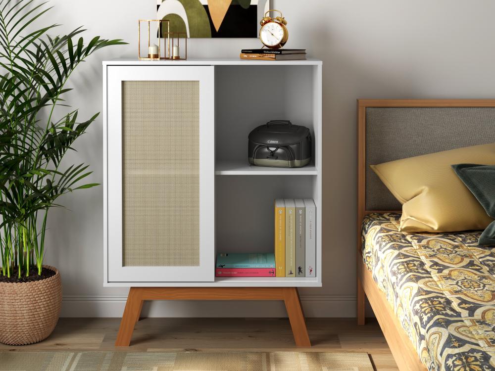 Balcao Alto Aparador Buffet Com Porta De Correr Rattan Pés Em Madeira Branco