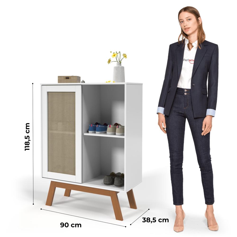 Balcao Alto Aparador Buffet Com Porta De Correr Rattan Pés Em Madeira Branco