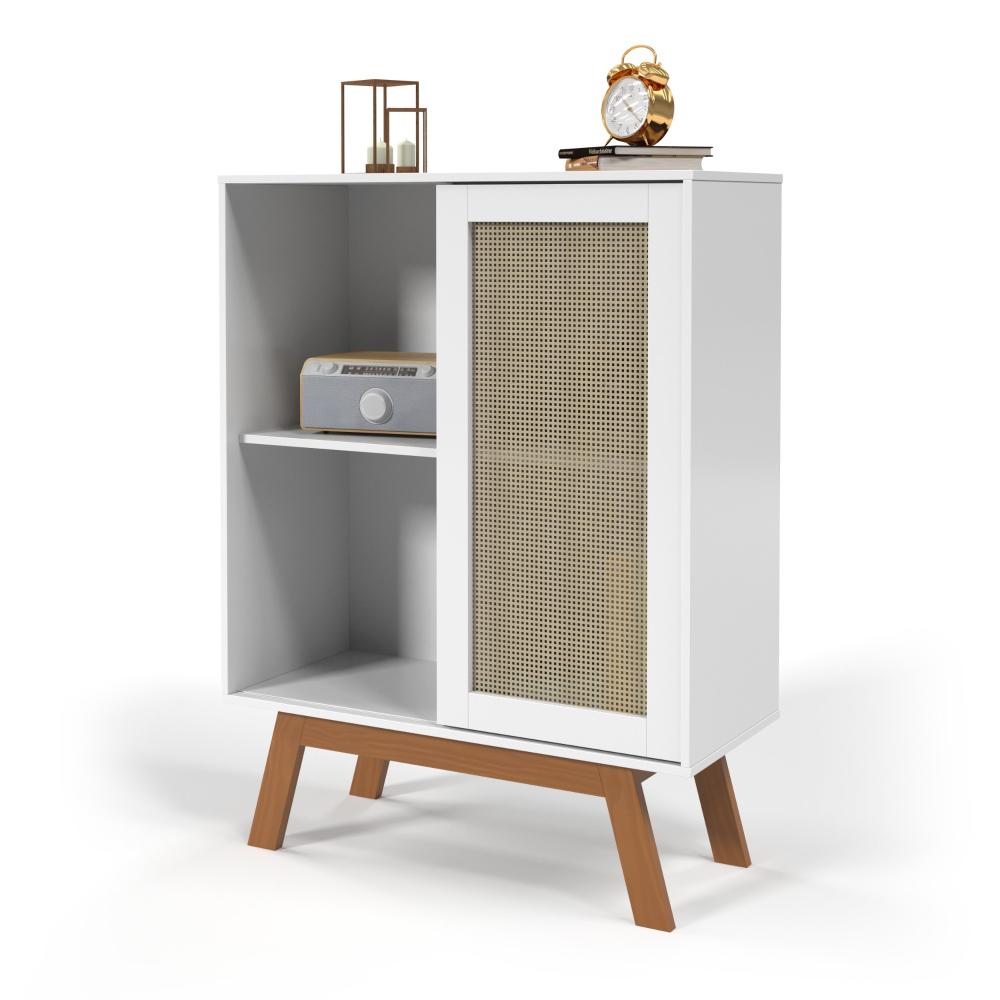 Balcao Alto Aparador Buffet Com Porta De Correr Rattan Pés Em Madeira Off White