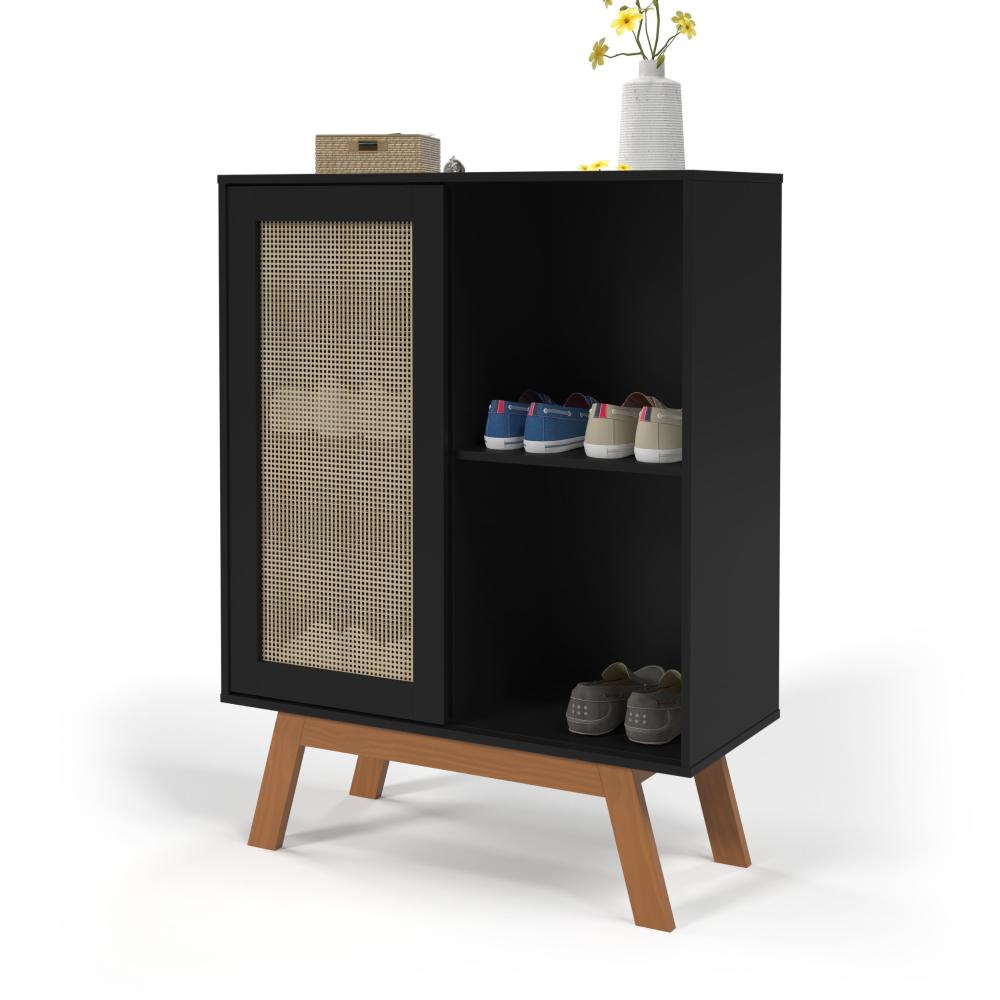 Balcao Alto Aparador Buffet Com Porta De Correr Rattan Pés Em Madeira Preto