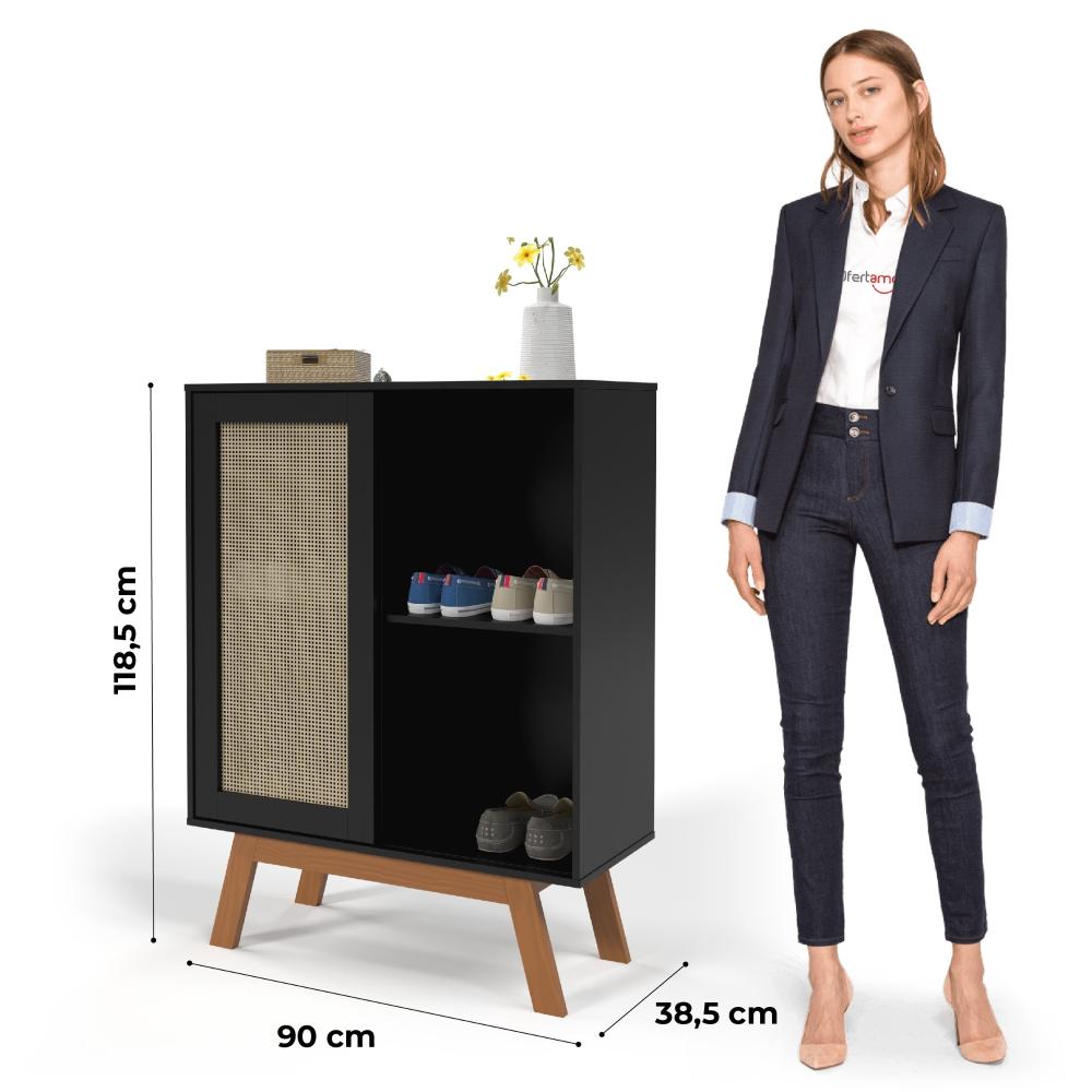 Balcao Alto Aparador Buffet Com Porta De Correr Rattan Pés Em Madeira Preto