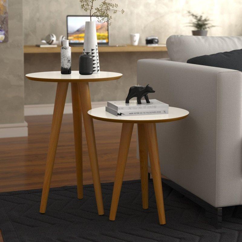Conjunto 2 Mesas 4202 Pés Palito Ofertamo Sala Off White/Freijo