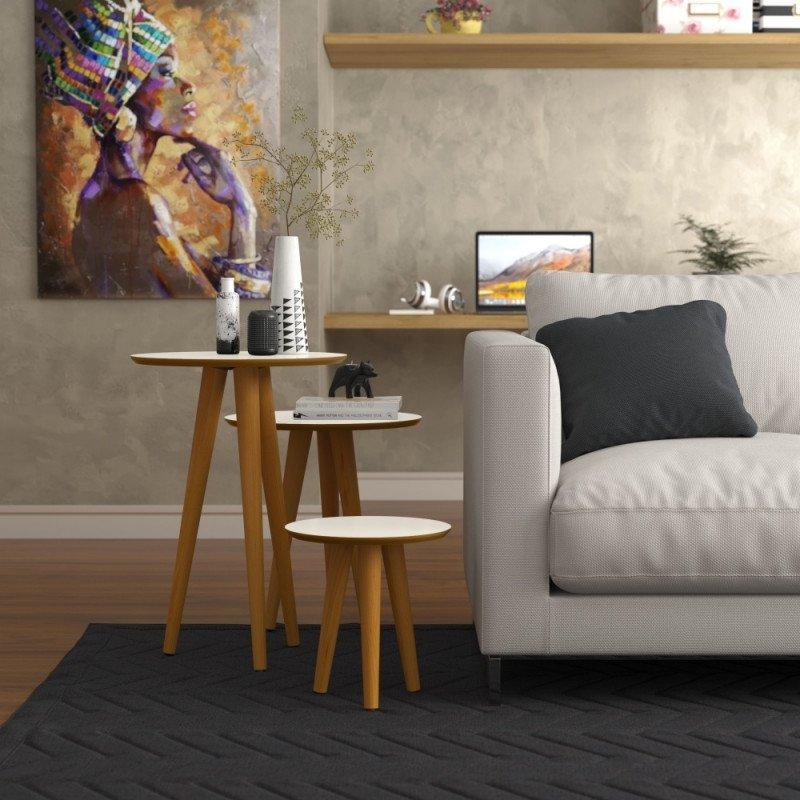 Conjunto 3 Mesas 4303 Pés Palito Ofertamo Sala Off White/Freijo