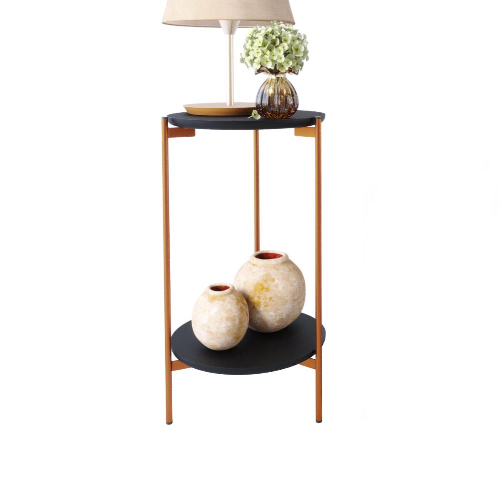 Conjunto Mesa de centro e Lateral Lunis Preto com Pés de Ferro Bronze