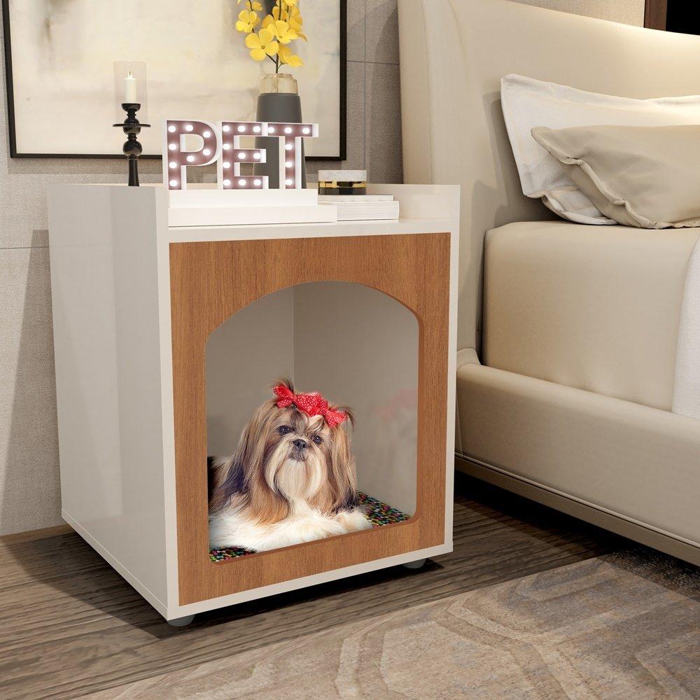 Mesa Cabeceira Casinha de Cachorro/Gato PET Off White/Freijo - Ofertamo