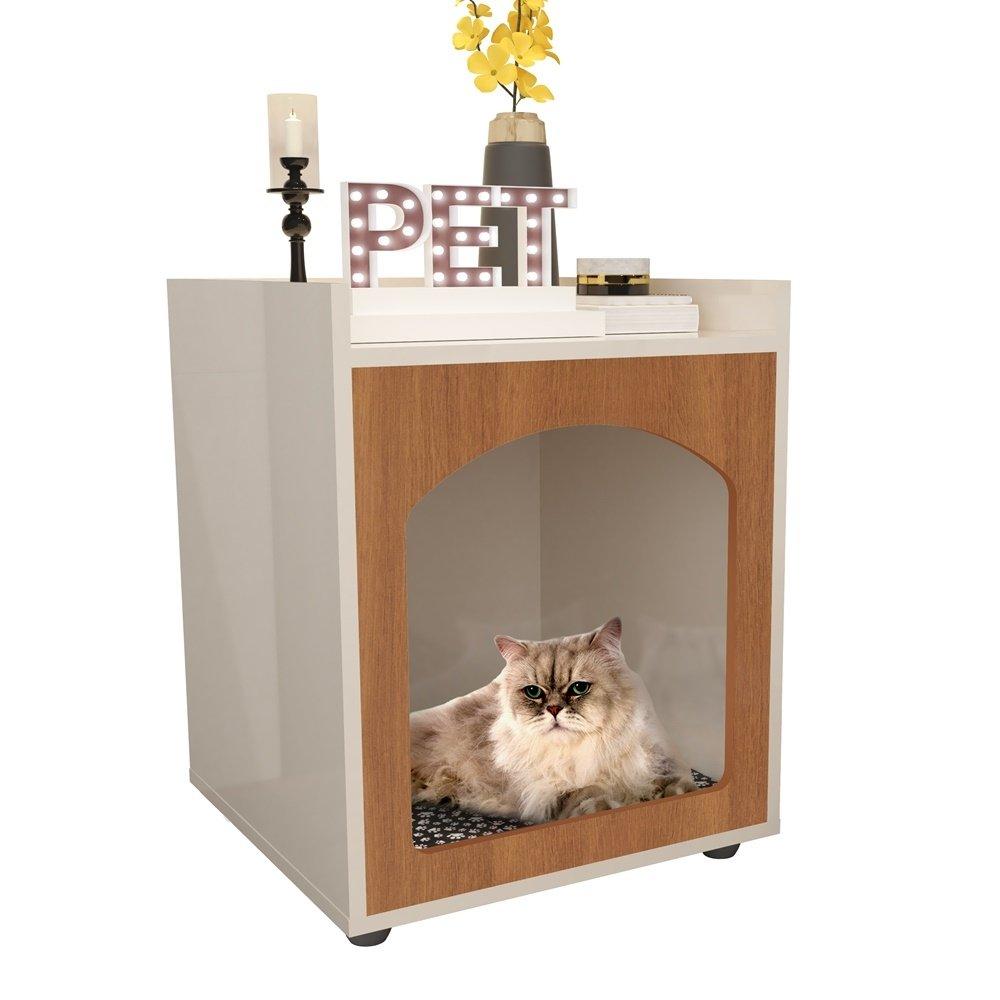 Mesa Cabeceira Casinha de Cachorro/Gato PET Off White/Freijo - Ofertamo