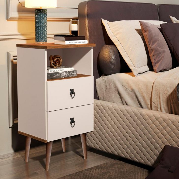 Mesinha de cabeceira moderna, mesa de cabeceira em couro, móveis de quarto  branco com 2 gavetas com pé de mesa de metal.Móveis de cabeceira para