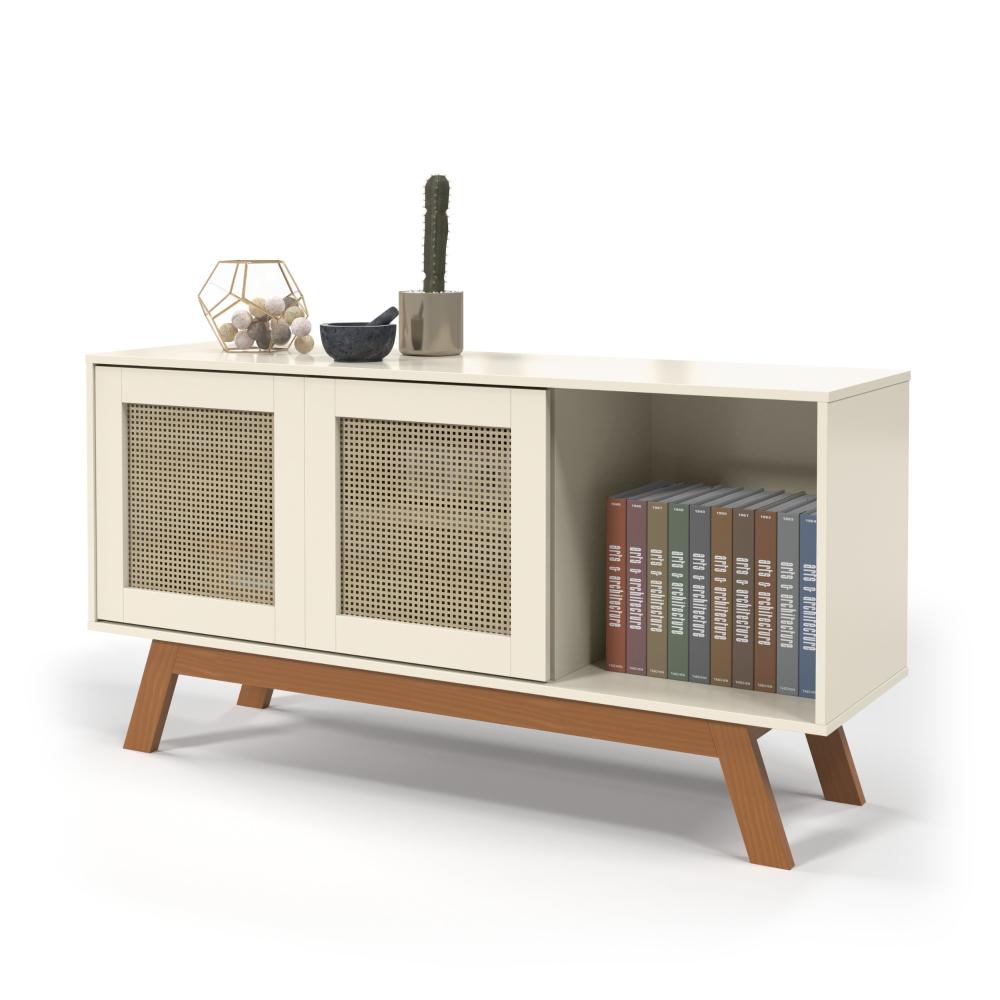 Rack Buffet Com Duas Porta De Correr Rattan Pés Em Madeira Off White - Ofertamo