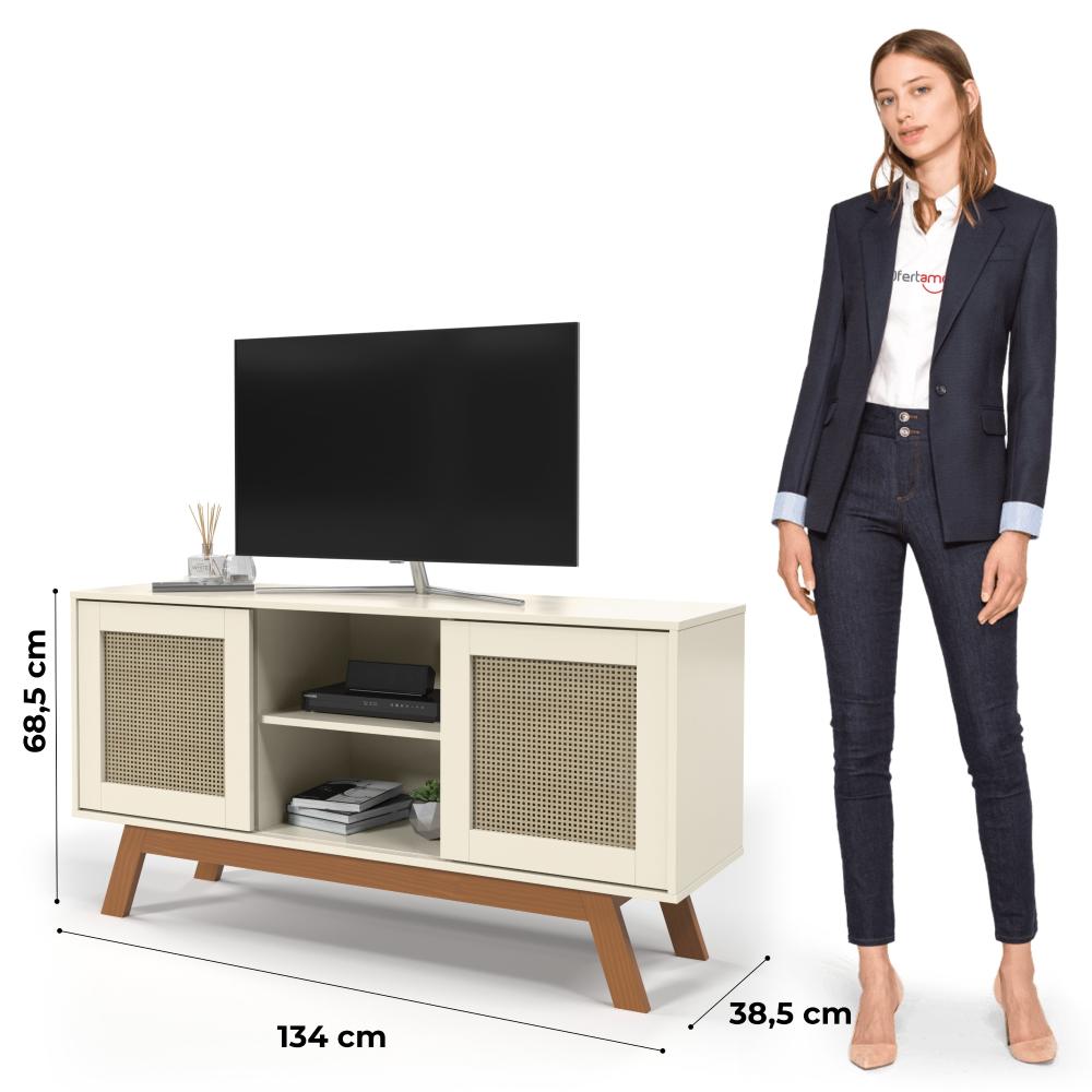 Rack Buffet Com Duas Porta De Correr Rattan Pés Em Madeira Off White - Ofertamo