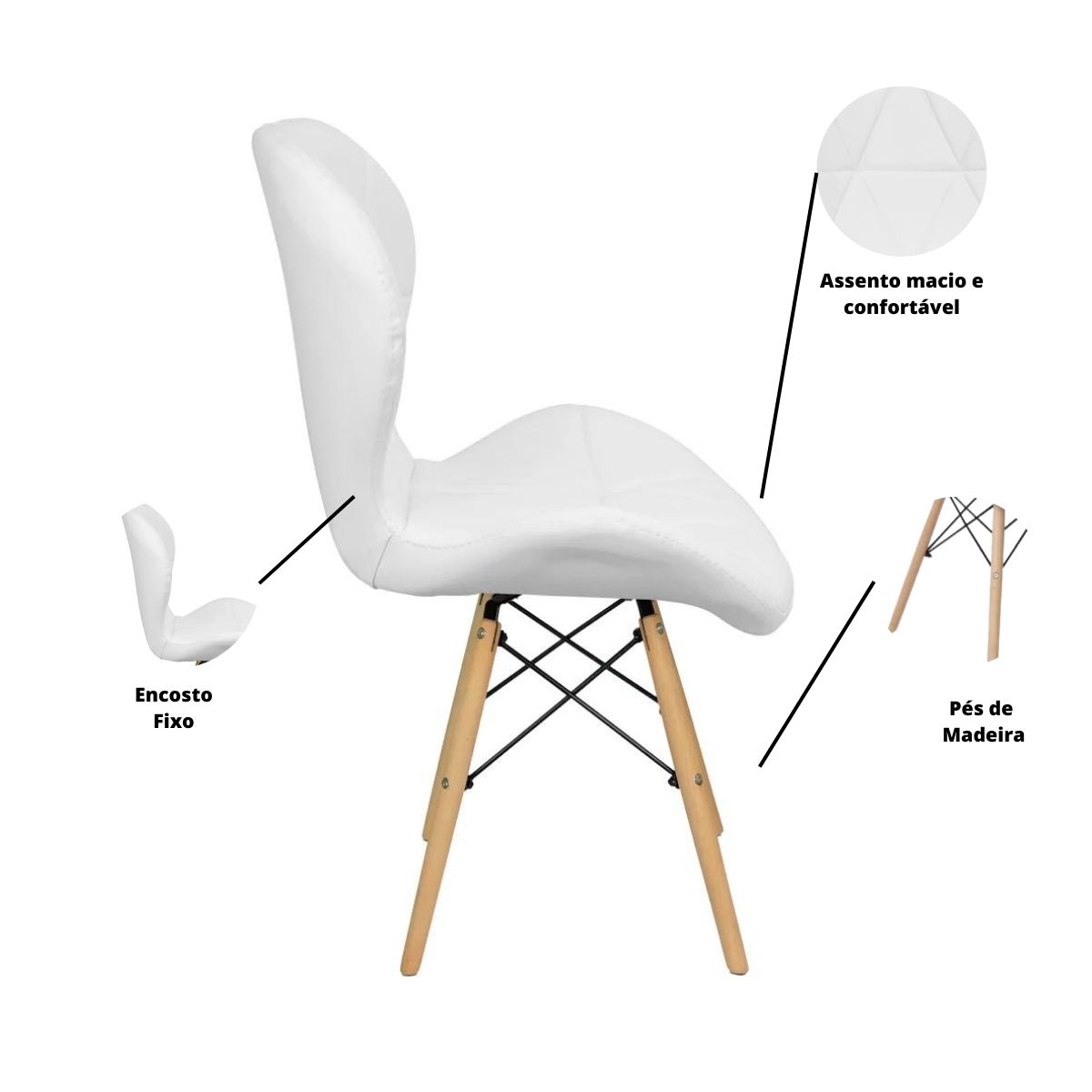 Cadeira Estofada Eiffel Slim Wood Pés de Madeira Branco