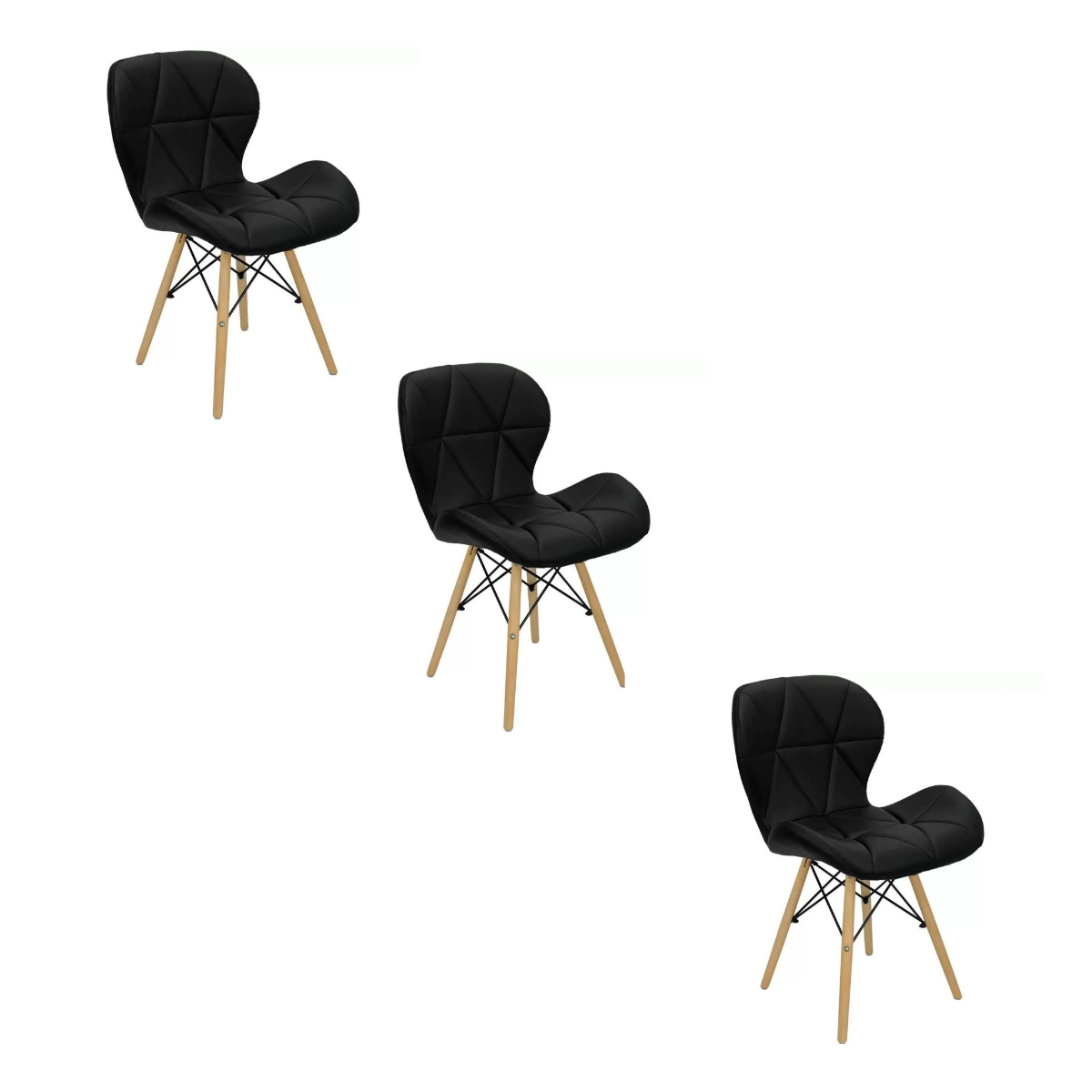 Kit 3 Cadeiras Estofada Eiffel Slim Wood Pés de Madeira Preto