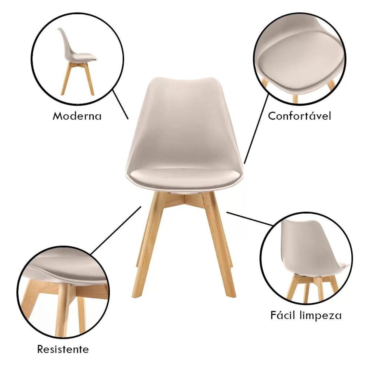 Kit 3 Cadeiras Estofadas Saarinen Wood Pés de Madeira Bege