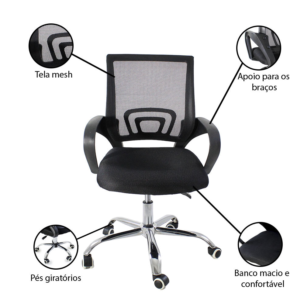Kit 4 Cadeiras de Escritorio Begonia Tela Mesh Ergonomica - Preto