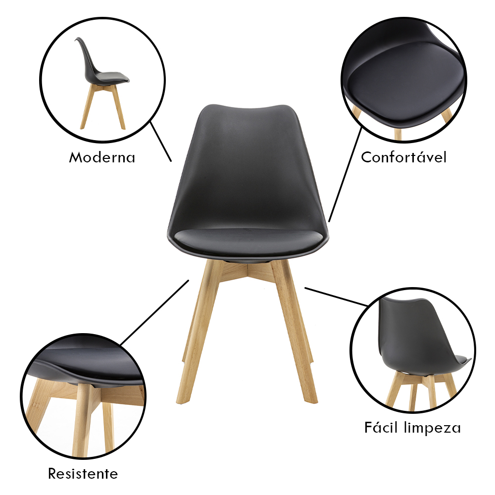 Kit 6 Cadeiras Saarinen Wood Com Estofamento Várias Cores - Preto