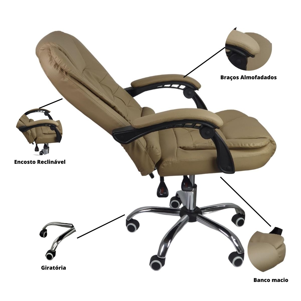 Cadeira De Escritório Presidente Reclinável Ergonômica Marrom