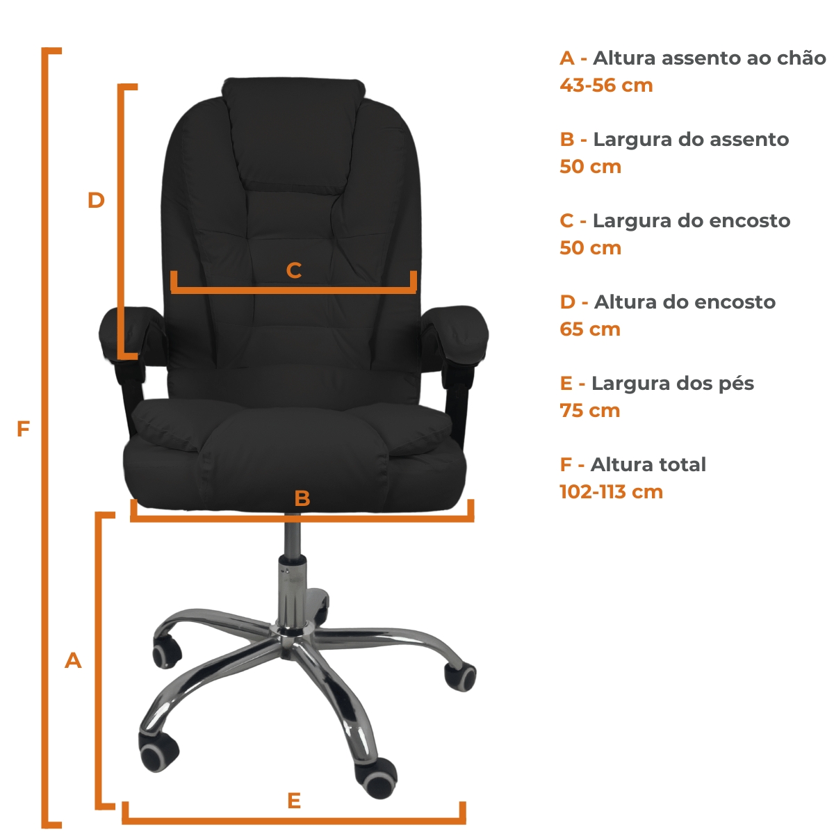 Cadeira De Escritório Presidente Reclinável Ergonômica Preto