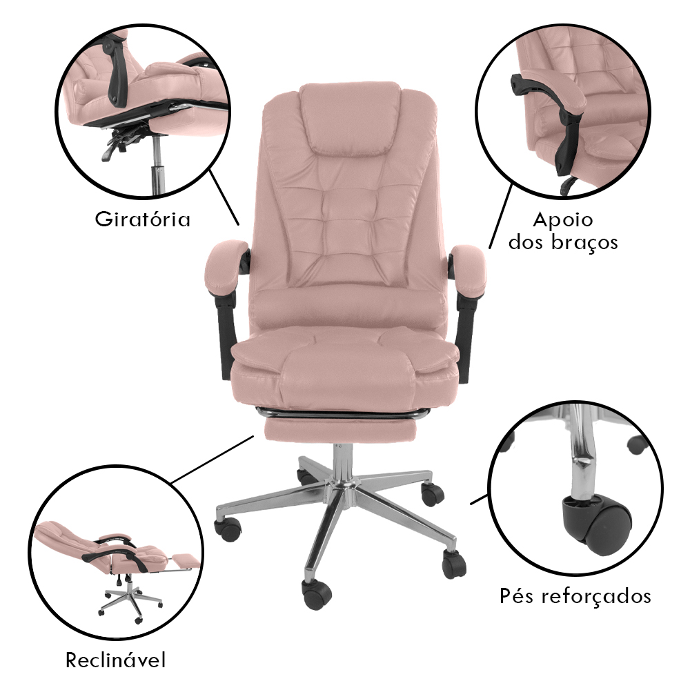Cadeira De Escritorio Presidente Ergonomica Apoio Para P‚s Cor:Rosa