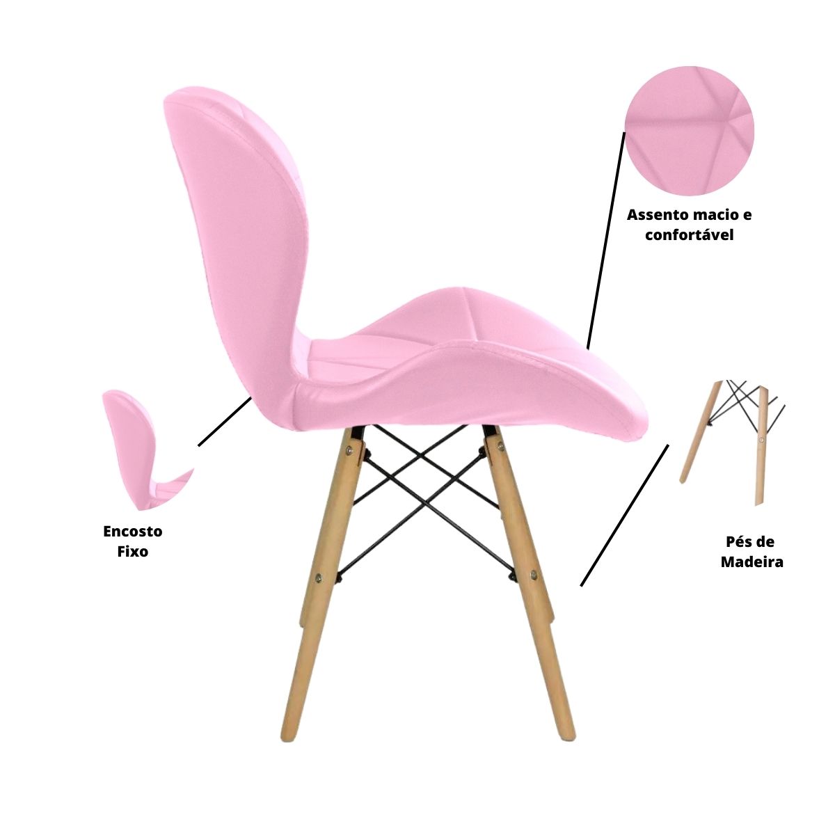 Cadeira Estofada Eiffel Slim Wood Pés de Madeira Rosa