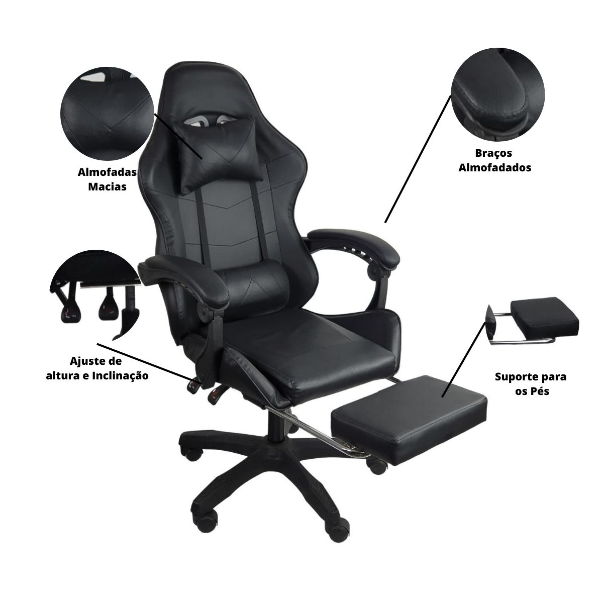 Cadeira Gamer Stillus Ergonômica Com Apoio para Os Pés - Preto