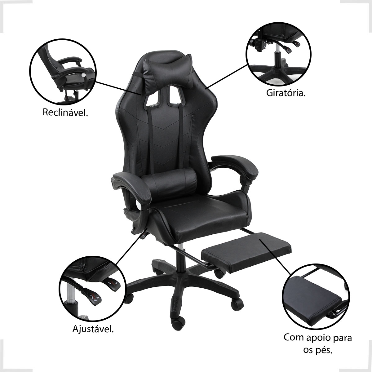 Cadeira Gamer Stillus Ergonômica Com Apoio para Os Pés - Preto