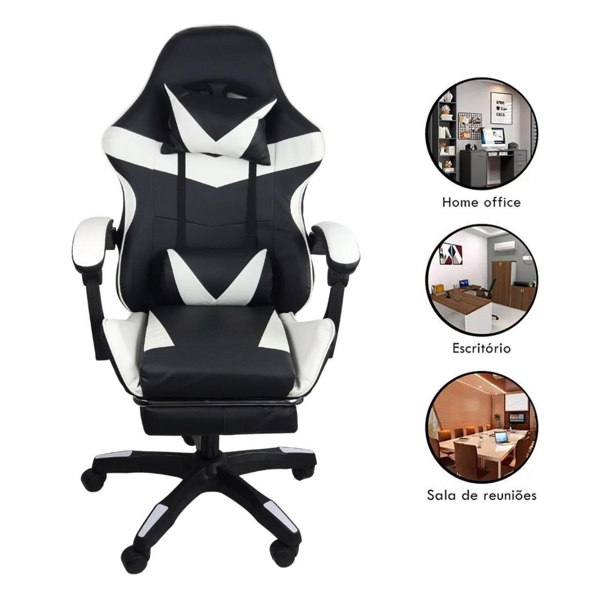 Kit 2 Cadeiras Gamer Stillus Ergonômica com Apoio Para os Pés - Preta / Branca