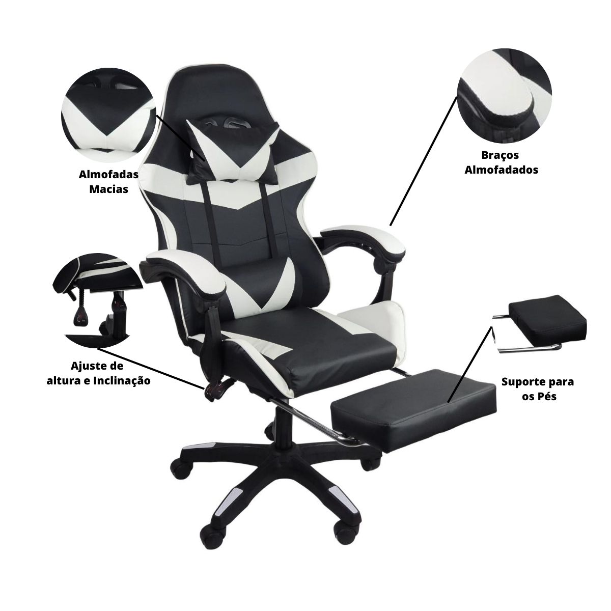 Kit 2 Cadeiras Gamer Stillus Ergonômica com Apoio Para os Pés - Preta / Branca