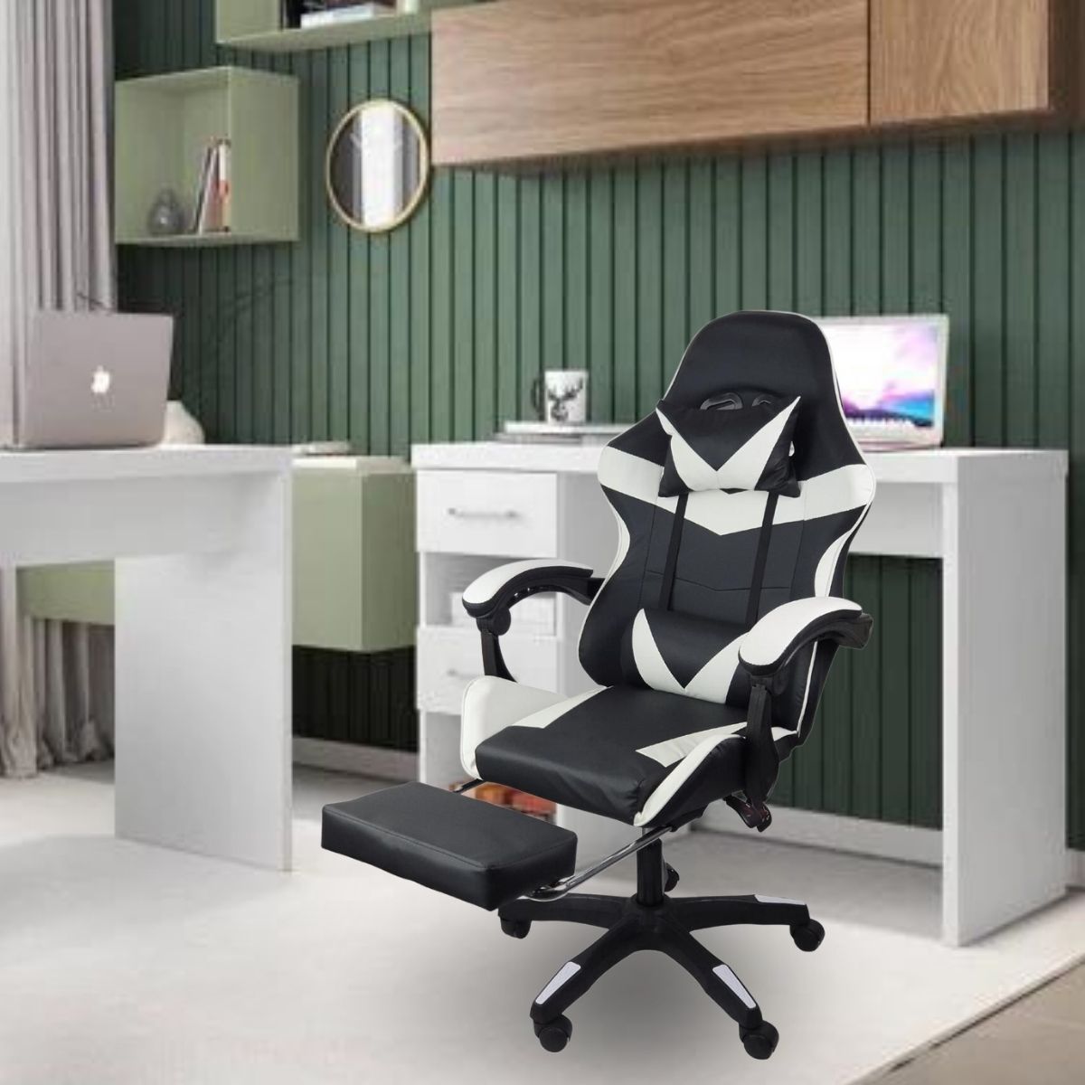 Kit 2 Cadeiras Gamer Stillus Ergonômica com Apoio Para os Pés - Preta / Branca
