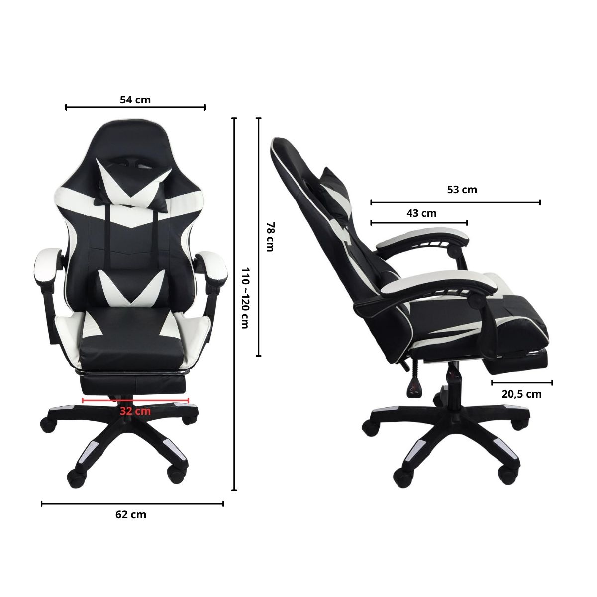 Kit 2 Cadeiras Gamer Stillus Ergonômica com Apoio Para os Pés - Preta / Branca