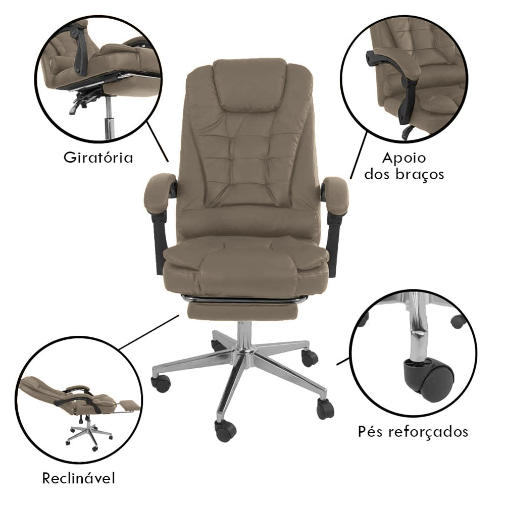Kit 2 Cadeiras Presidente Ergonômica Apoio Para Pés - Bege