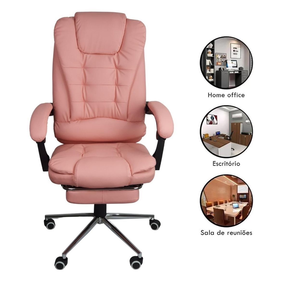 Kit 2 Cadeiras Presidente Ergonômica Apoio Para Pés - Rosa