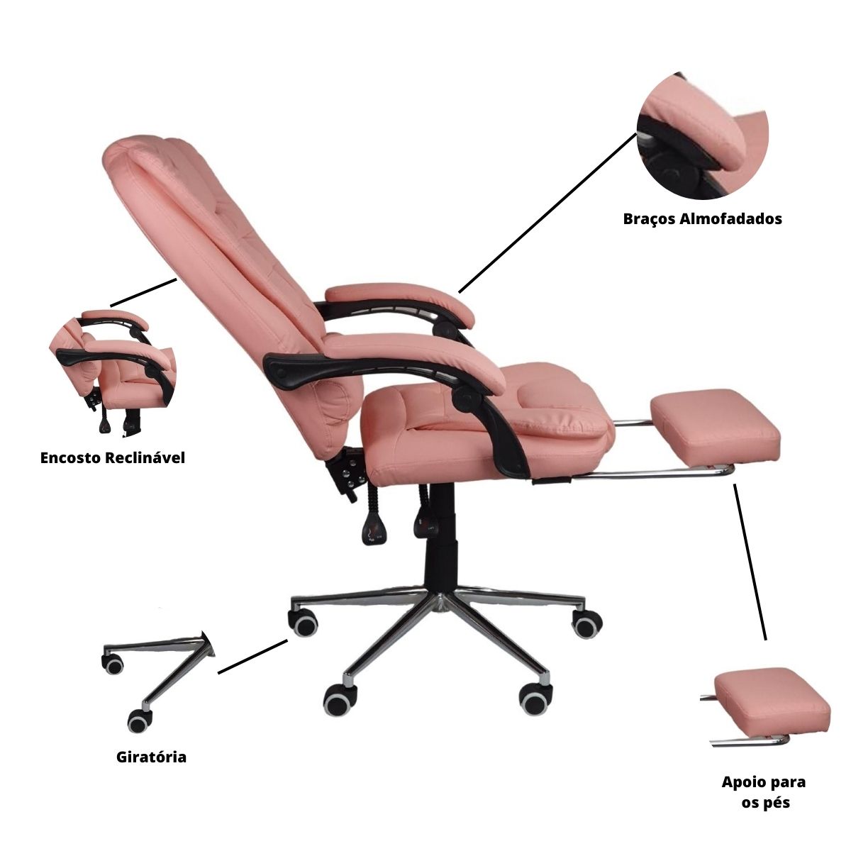 Kit 2 Cadeiras Presidente Ergonômica Apoio Para Pés - Rosa