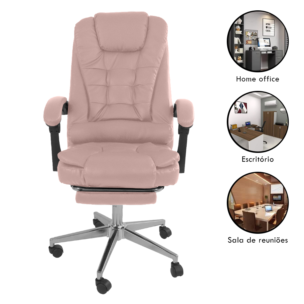 Kit 2 Cadeiras Presidente Ergonômica Apoio Para Pés - Rosa