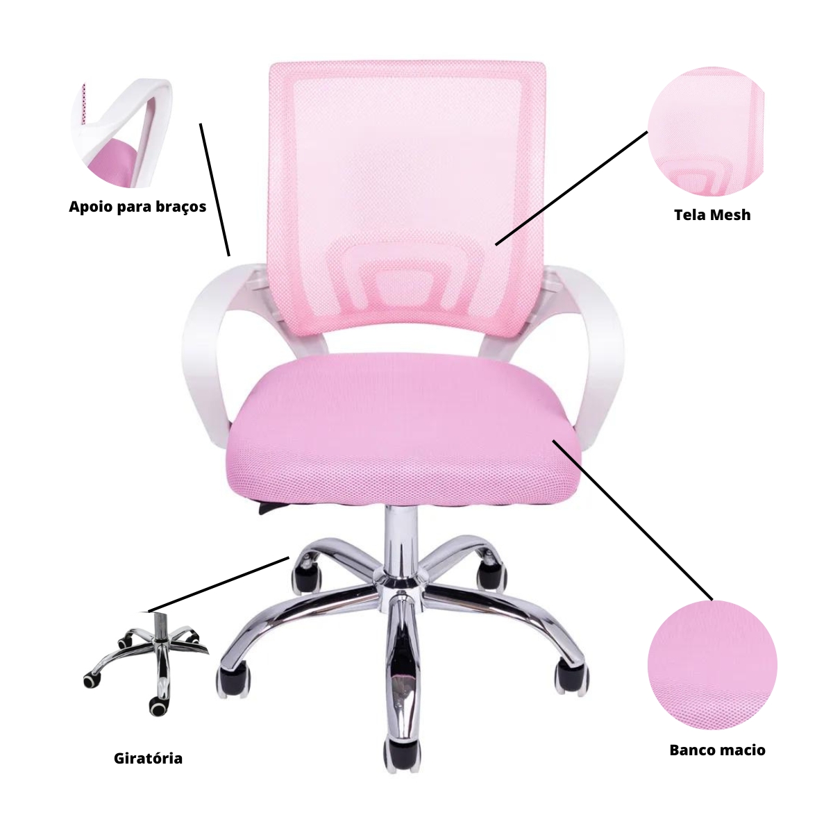 Kit 2 Cadeiras de Escritório Begonia Mesh Ergonômico Rosa