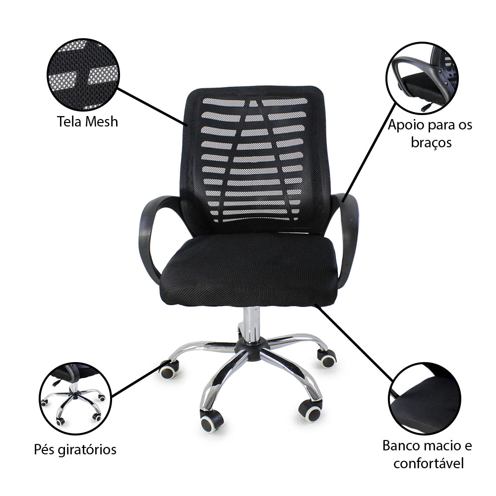Kit 2 Cadeiras de Escritorio Esteirinha Mesh Ergonomica - Preto