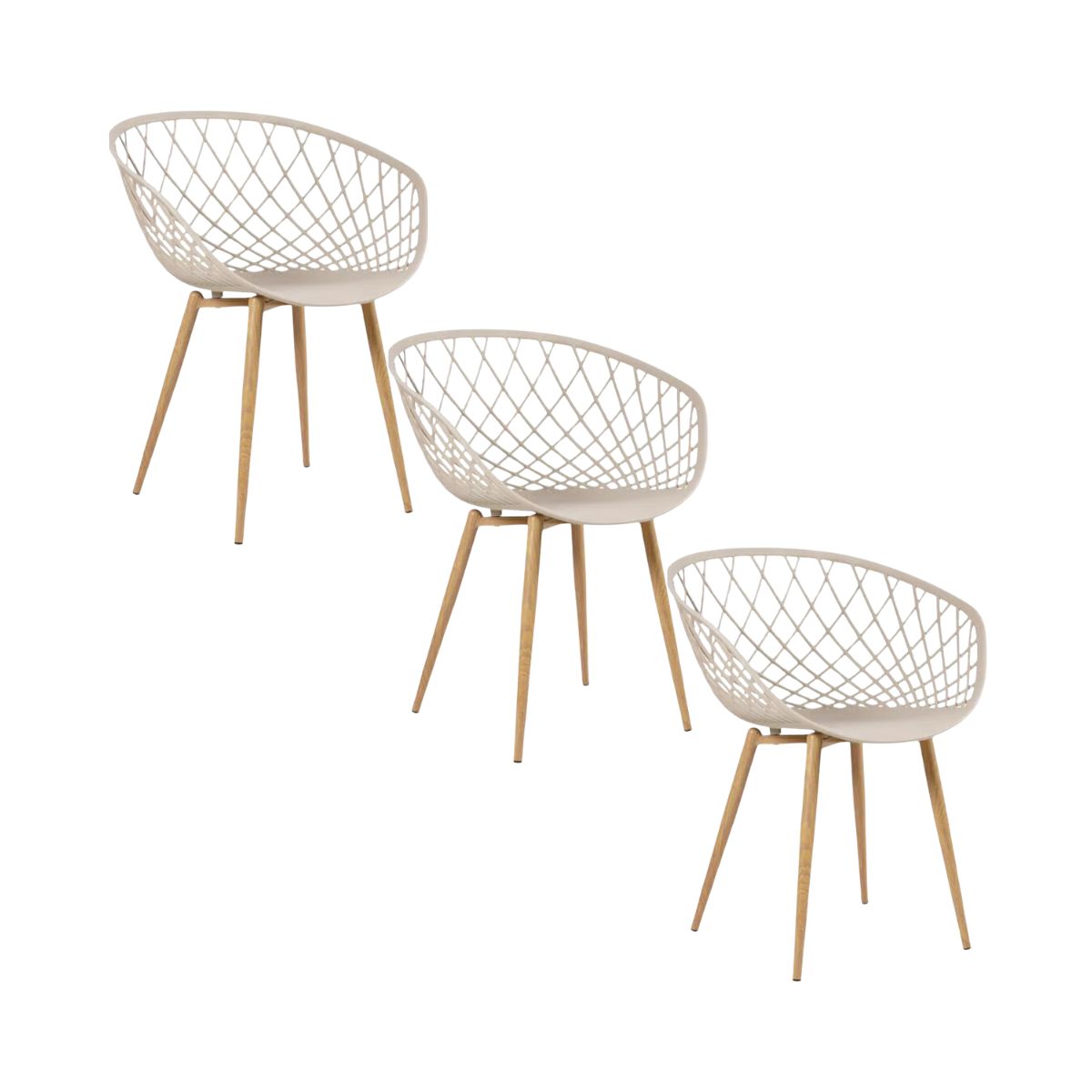 Kit 3 Cadeiras Clarice Nest Wood Com Apoio de Braço Bege