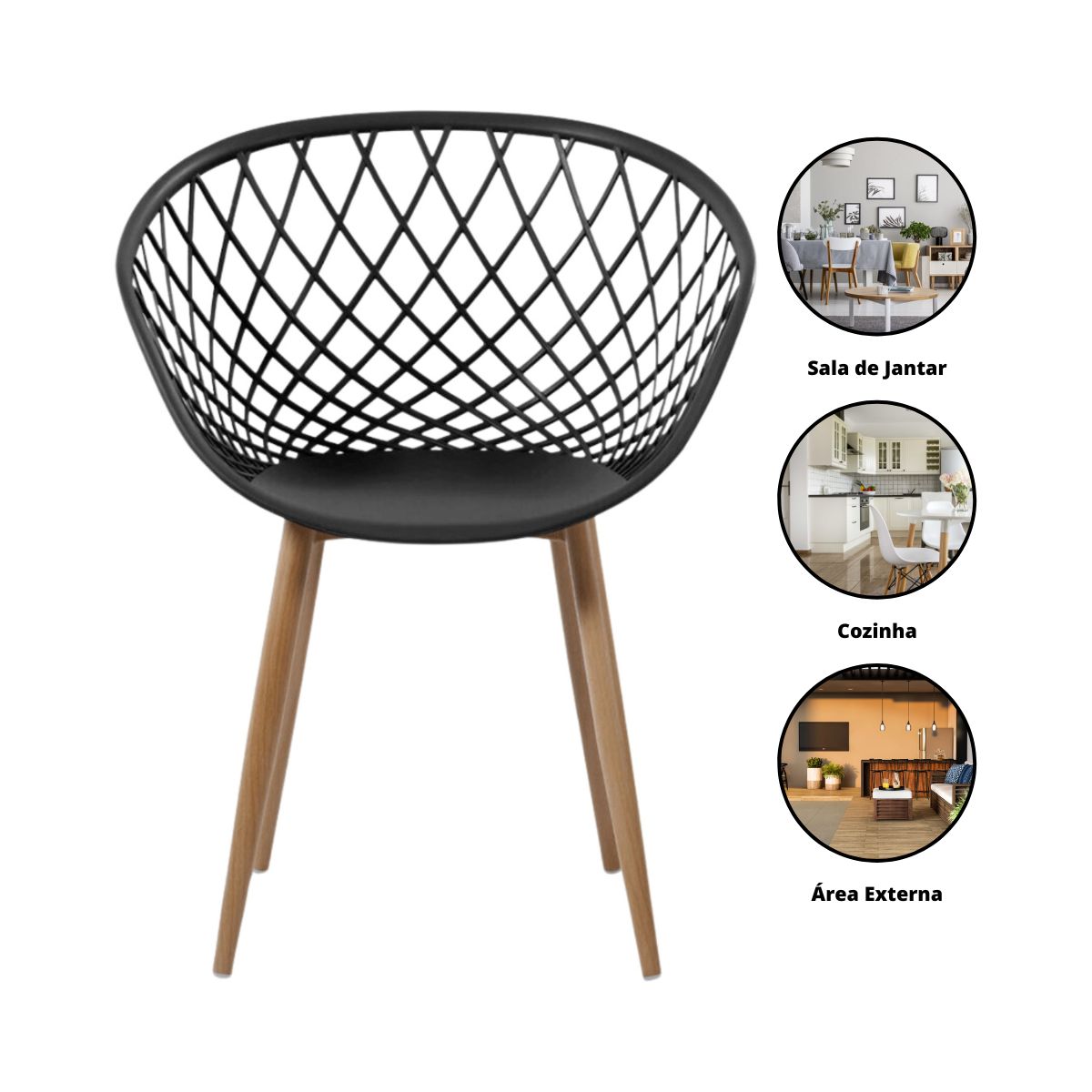 Kit 3 Cadeiras Clarice Nest Wood Com Apoio de Braço Preto