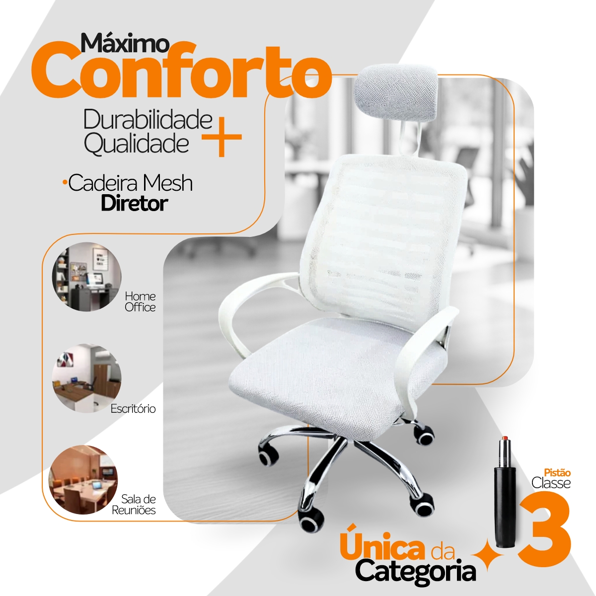 Kit 3 Cadeiras Escritório Diretor Mesh Encosto Cabeça Branco