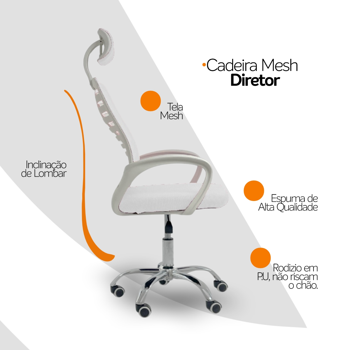 Kit 3 Cadeiras Escritório Diretor Mesh Encosto Cabeça Branco